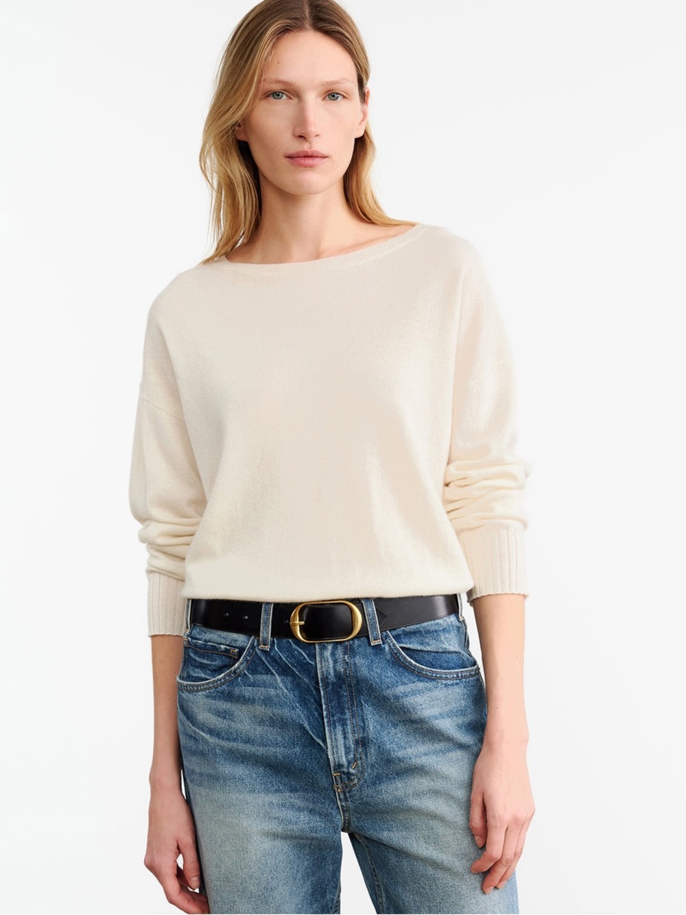 HALSTON 100% 2-Ply Cashmere Cream Boatneck Dolman Batwing Longsleeve Sweater